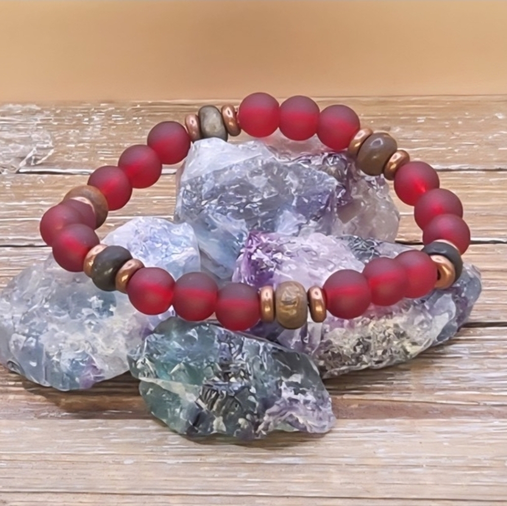 Red Sea Glass, Toffee Bronzite, Golden Obsidian and Copper Beaded Bracelet
